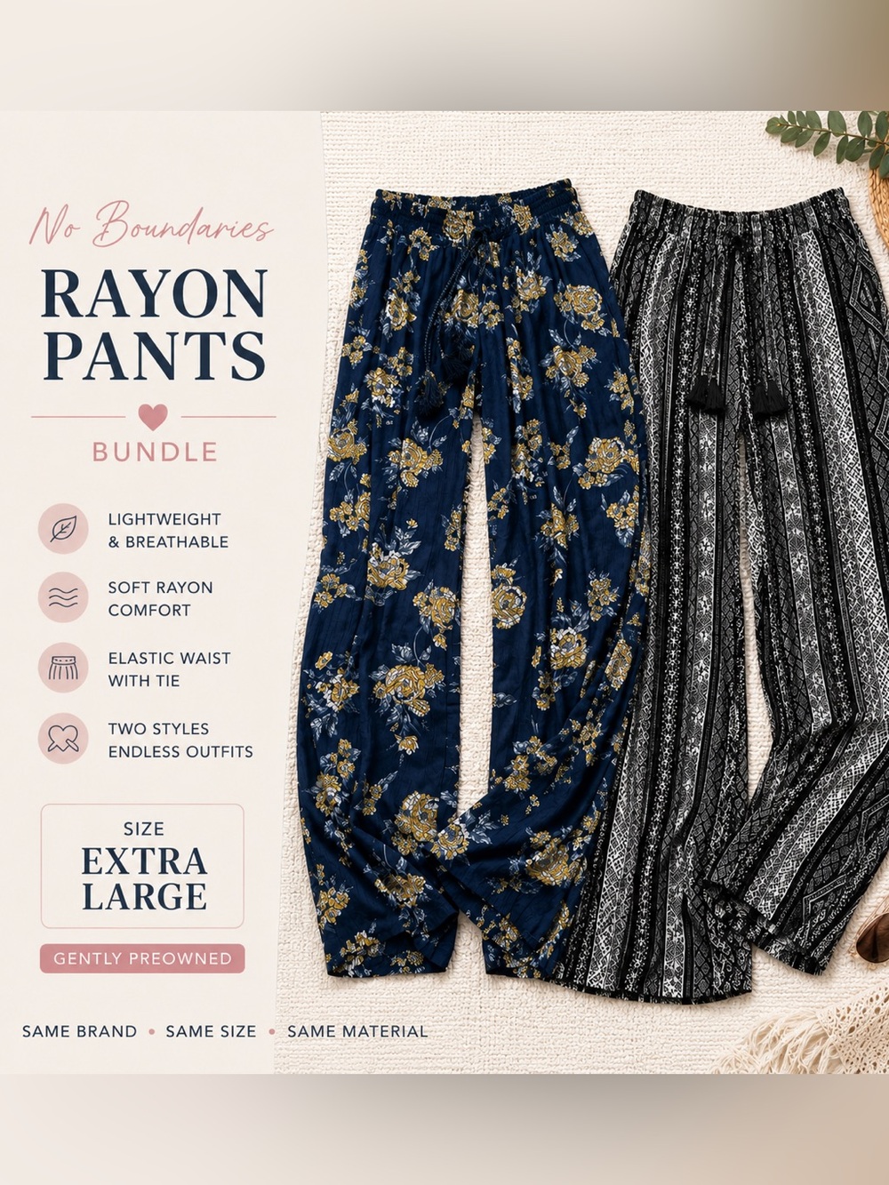 No Boundaries Rayon Boho Pants Bundle XL Floral & Tribal Wide Leg
